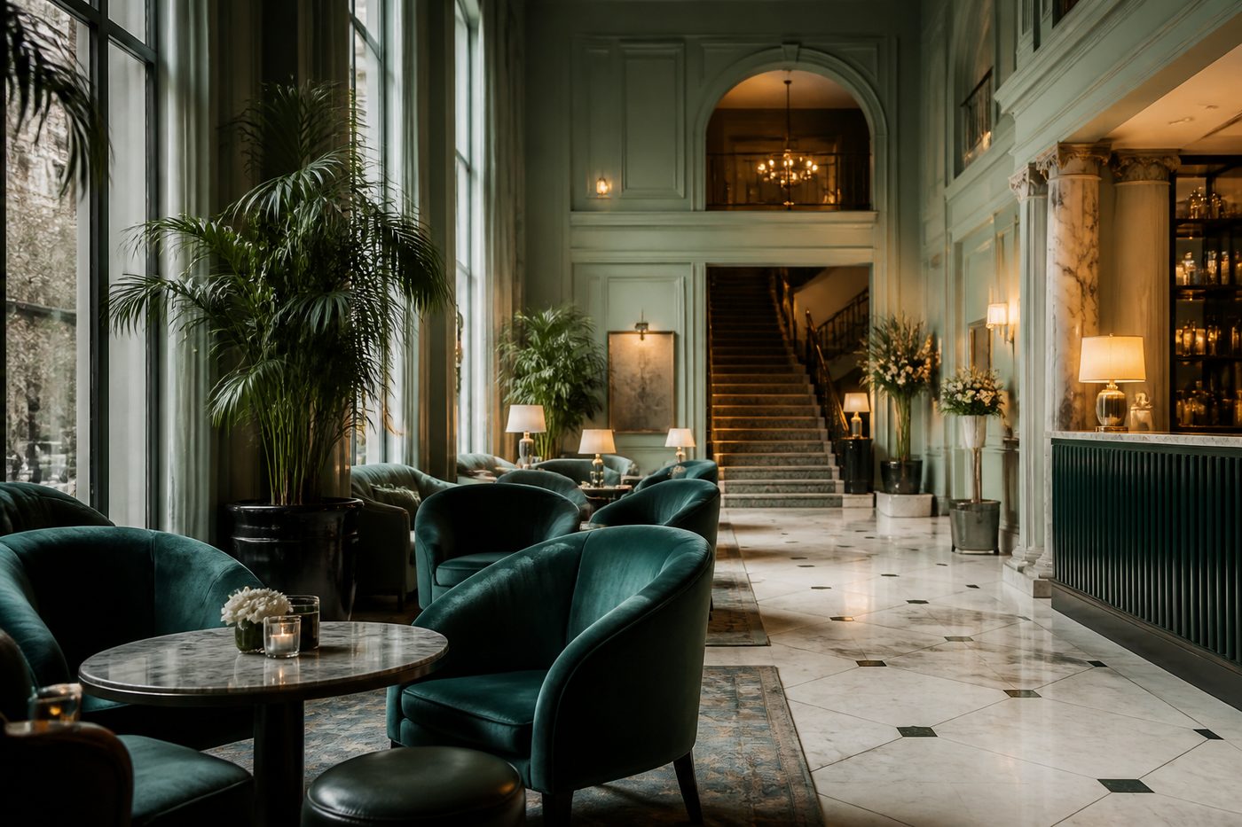 Illustrative hotel lobby artwork